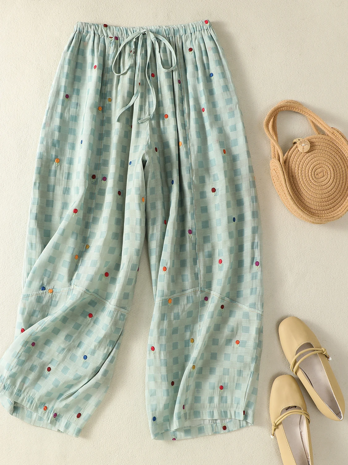 

Balloon Pants Ethnic Style Embroidery Loose Fit High Waist Drawstring Elastic Waist Casual Trousers for plus Size Women