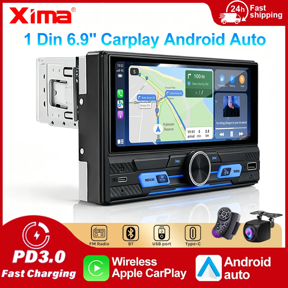Autoradio universel 1 DIN IPS 6,9'' avec Carplay sans fil, Android Auto, lecteur multimédia pour voiture, chargeur rapide TYPE C pour iPhone