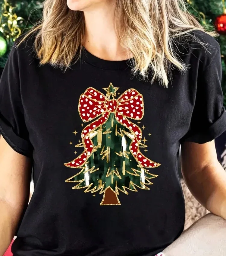 Women's Fashionable Christmas Tree Pattern Printed Women's T-shirt Summer Top Short Sleeved Round Neck Casual Women's Clothing