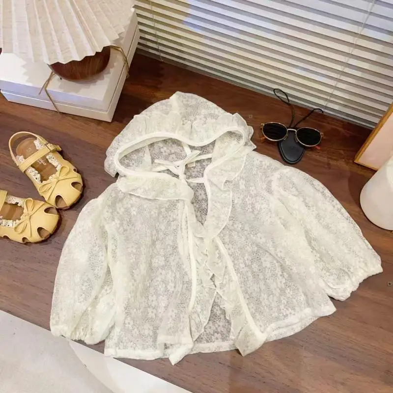 

Girls Sunscreen Clothes 2026 Summer Thin Girls Flower Embroidered Sunscreen Coat Breathable UV Resistant Hooded Jacket