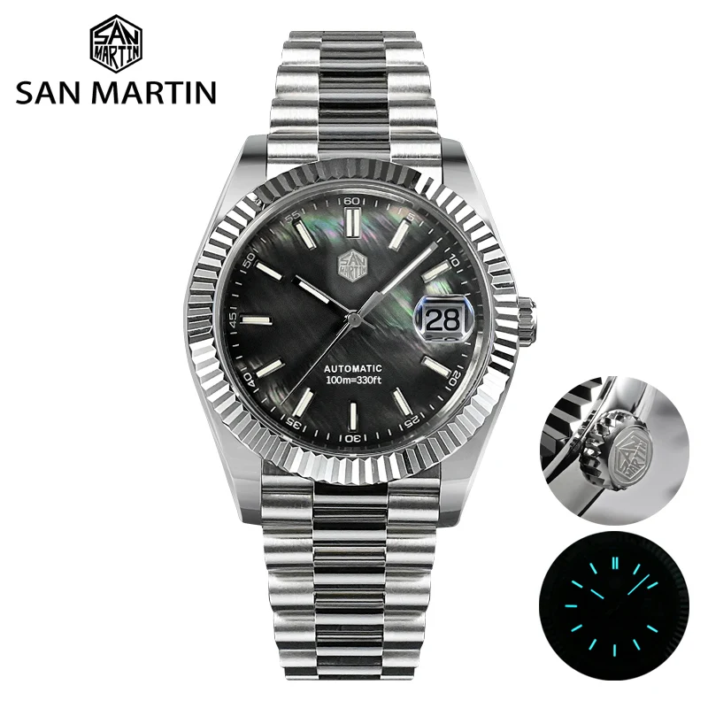 San Martin Men Watch 40mm Vintage MOP Dial Retro Business Luxury Sapphire PT5000 Automatic Mechanical Carving Fluted Bezel 10Bar