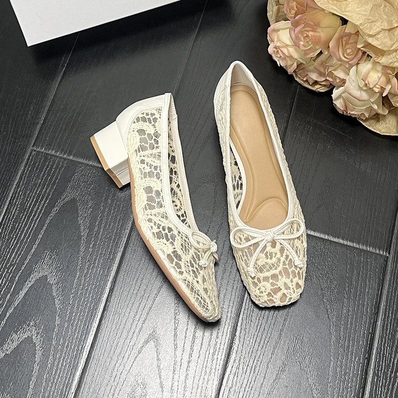

Elegant Mesh Square Head Women Shoes Summer Bow-knot Female Pumps Fashion Outdoor Thick Heels Zapatos Mujer