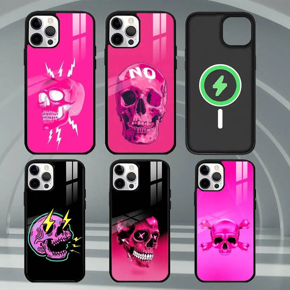 

P-Pink S-Skull Phone Case For iPhone17,16,15,14,13,12,11 Plus,Pro Max Magnetic For Magsafe Wireless Charging