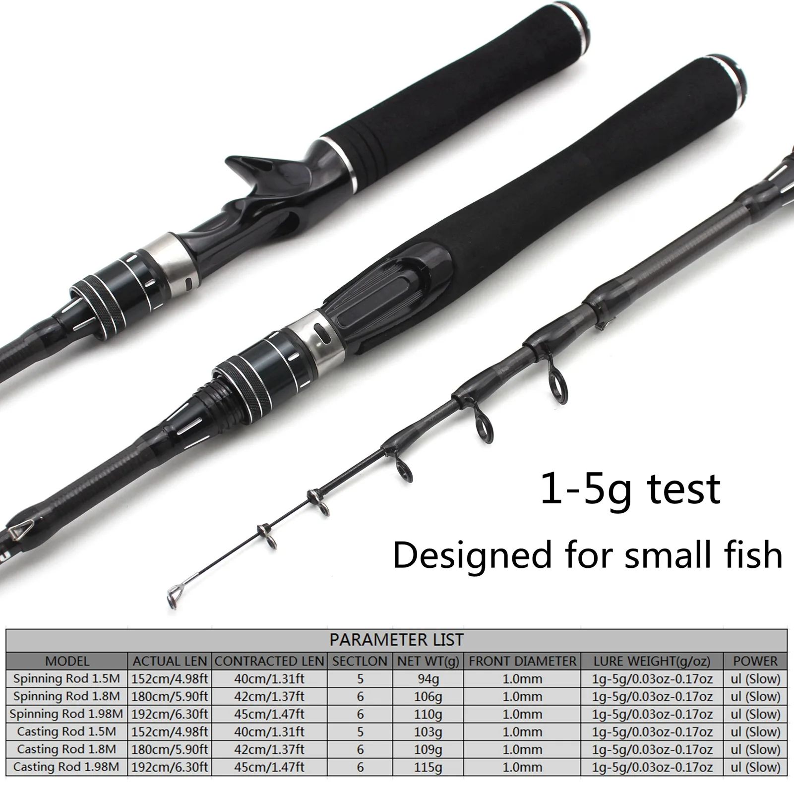 1.5M/1.8M/1.9M UL Power Telescopic Fishing Rod Spinning Rod Lure Weight 1-5g Catch Small Fish Pole Sensitive Tips