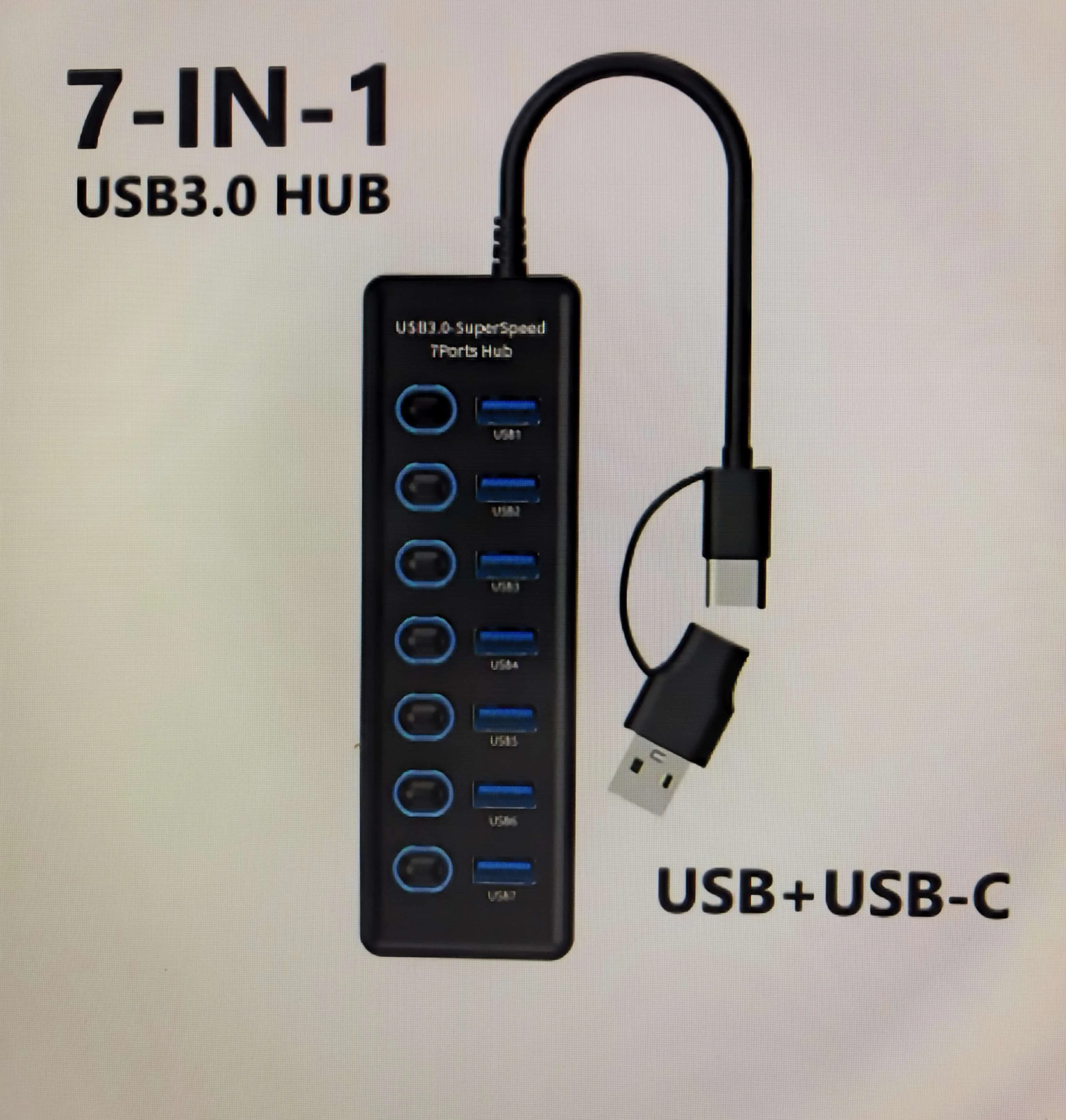 7-IN-1 USB 3.0 Hub 5Gbps High Speed Splitter Dual USB-A & USB-C Plug 7 Ports Independent On/Off Switches USB Expander Adapter fo