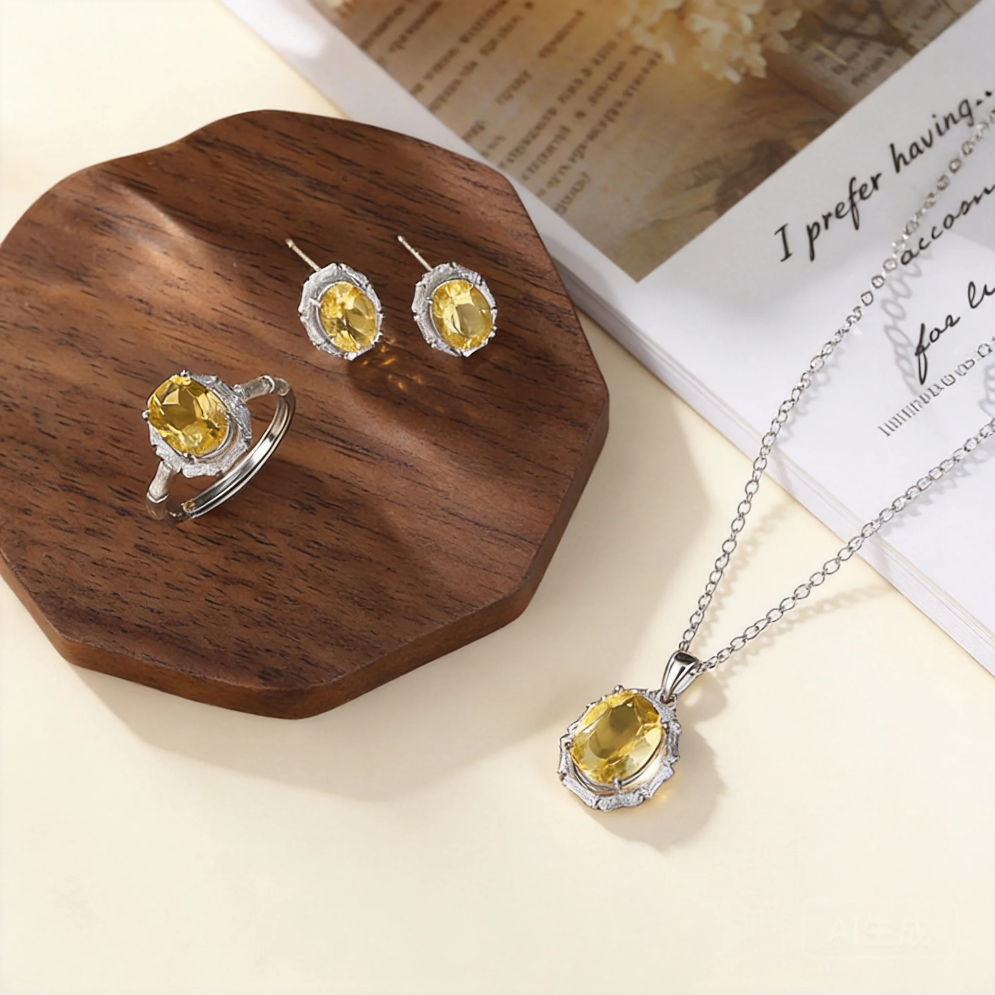 Chinese Style Lucky Wealth Attracting S925 Sterling Silver Natural Citrine Inlaid Brushed Craft Stud Earrings Necklace Adjustabl