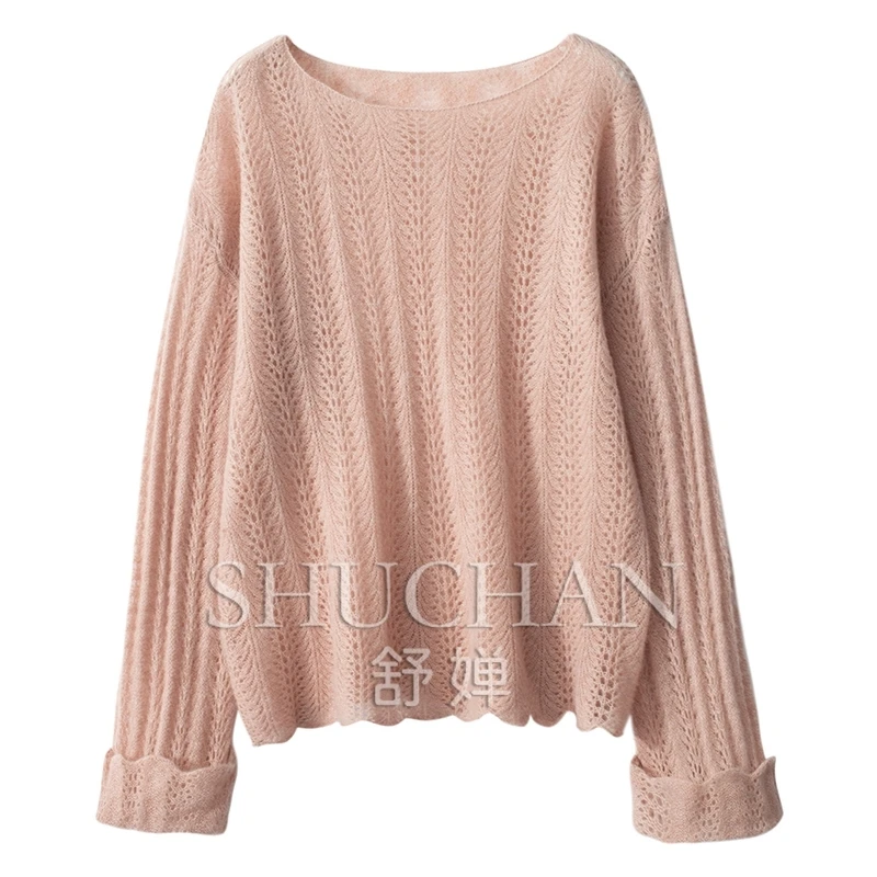 Summer Thin Sweater Women 100% Cashmere New Slash Neck Long Sleeve Top Loose Pull Coreen  Outfit Korean