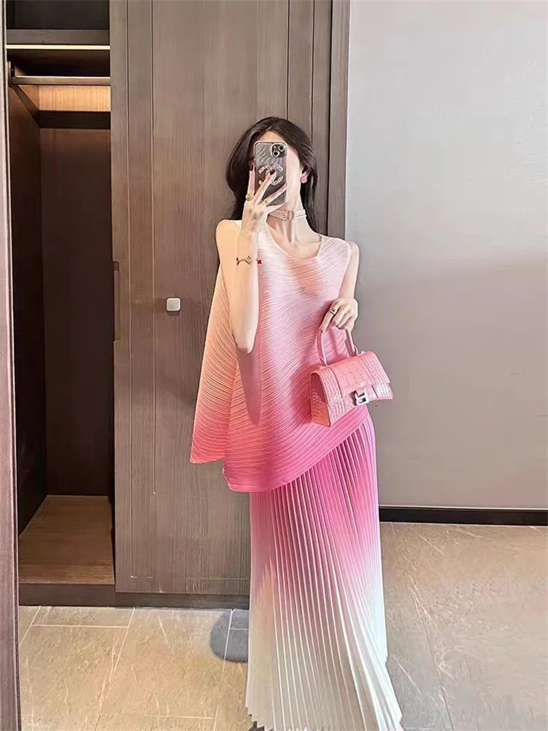 Dress Elegant Party Dresses Woman Purple Pleated Small Fragrance Suit Skirt Female Summer Pleated Simple Skirt Two-Piece Suit