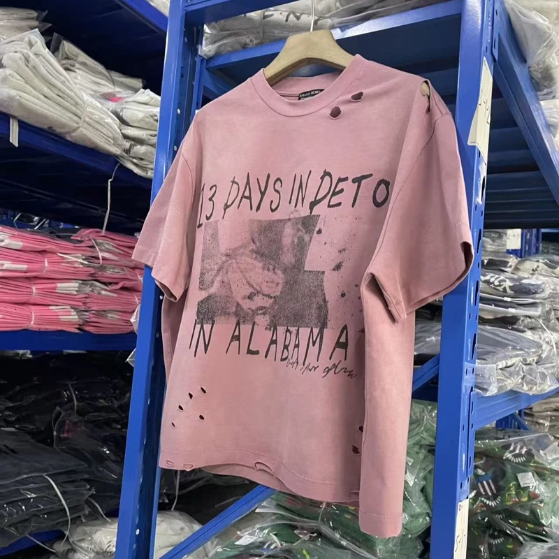 

American Retro Printed Short-sleeved T-shirt Loose Distressed Ripped Letter Pattern Top Tee