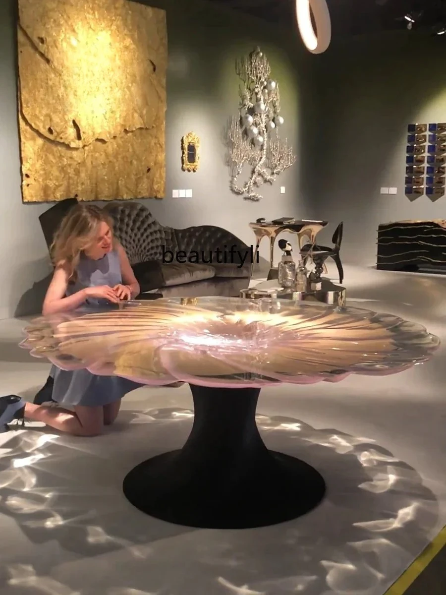 Crystal round Flowers Dining Table Light Luxury Transparent Resin Art Fiberglass round Table Tea Table