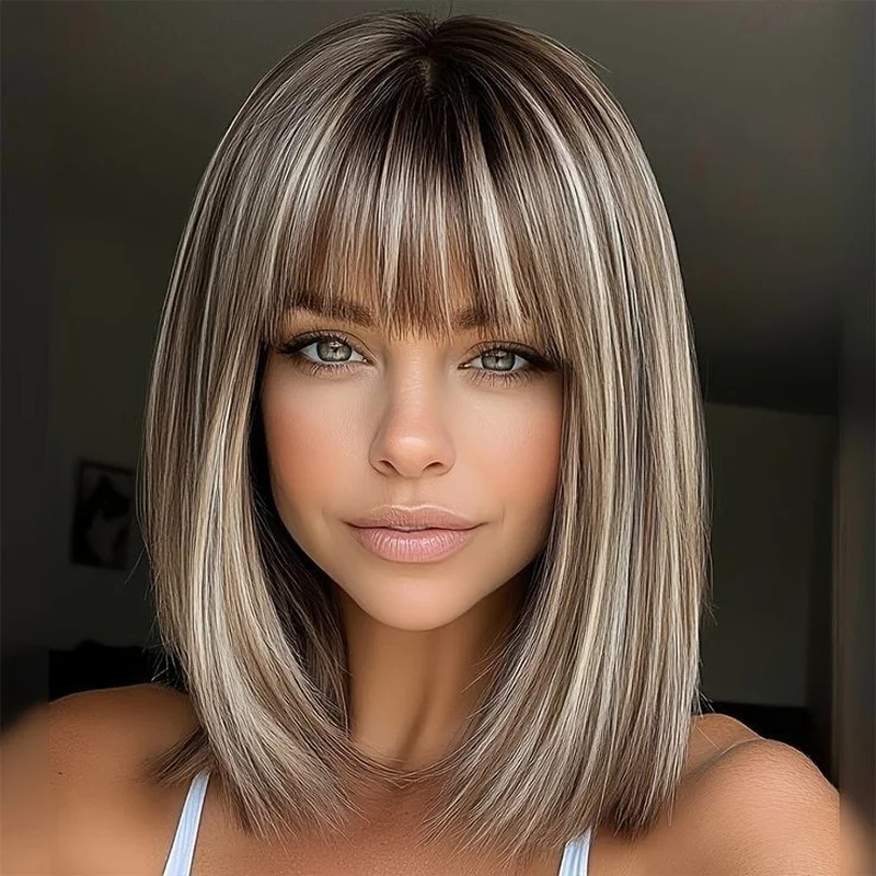 Short Bob Brown Blonde Highlight Wigs with Bangs   Human Hair Lace Front Wigs