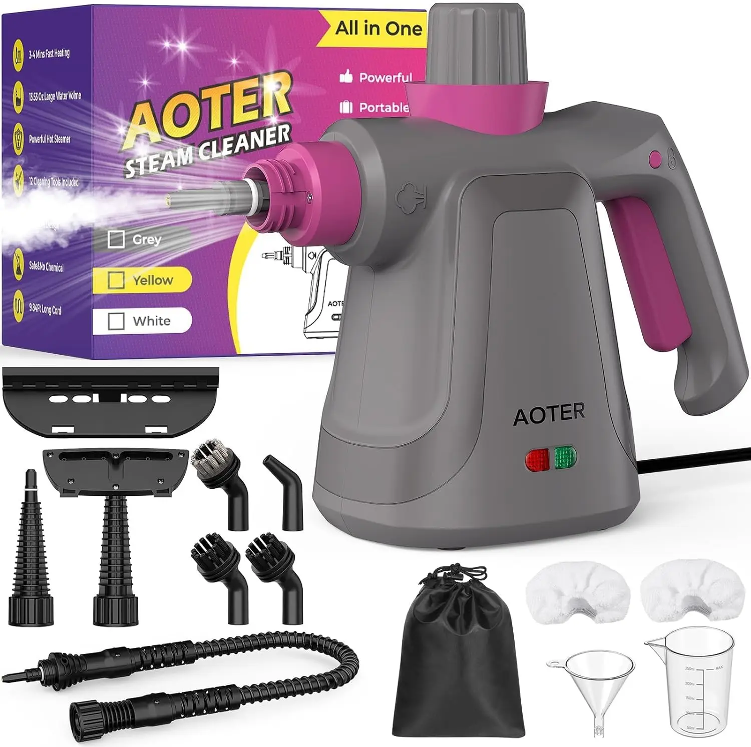 

Ручной пароочиститель AOTERP, отпариватель для разных поверхностей с 12 аксессуарами (серый)