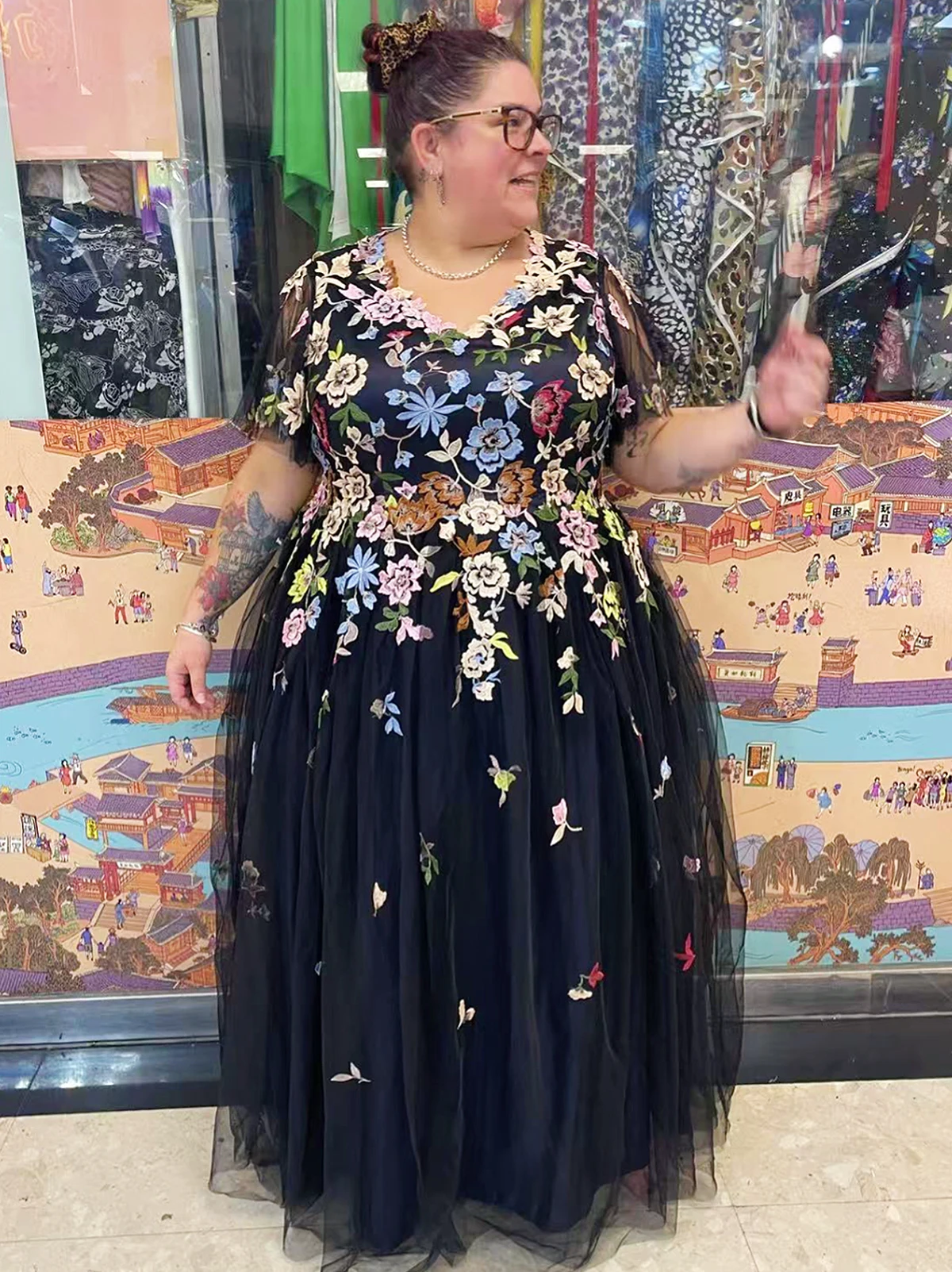Tailor shop customizes blue V-neck gorgeous fluffy skirt three-dimensional flower dress heavy-duty dress