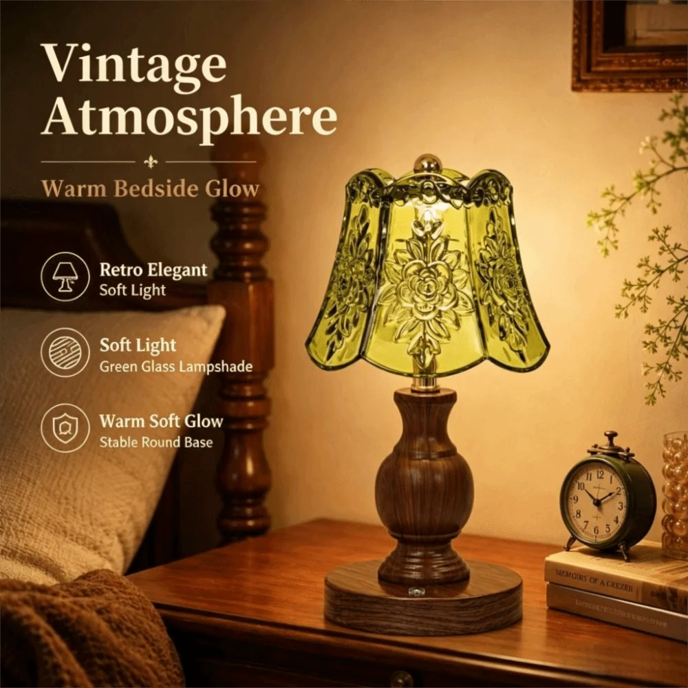 Walnut Wood Tone Retro Glass Table Lamp Glass Lampshade Soft Warm Light Vintage Glass Table Lamp Amber Horizontal Pattern