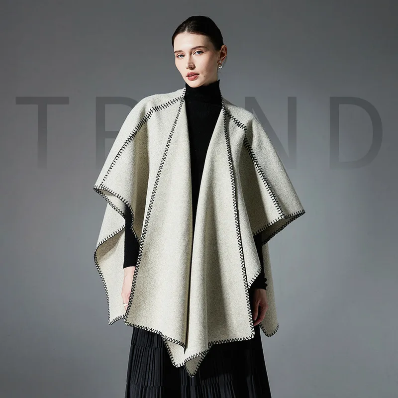 New autumn/winter women's double-faced wool blend mid-length solid-color shawl coat, versatile and stylish