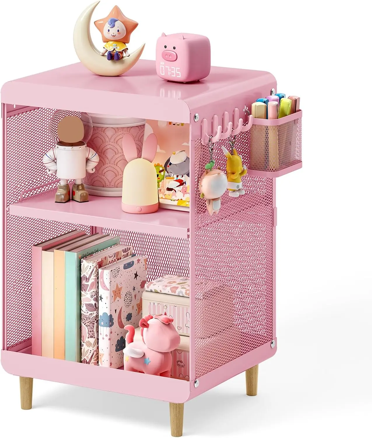 

Pink Kids Nightstand with Storage Shelves, Sturdy Metal Frame for Bedroom or Living Room