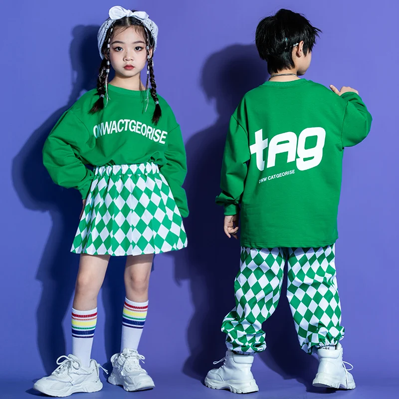 Checkered Jogger Pants For Girl Boy Jazz Dance Costume Clothes Kids Teen Show Outfits Hip Hop Clothing Green Sweatshirt Tops