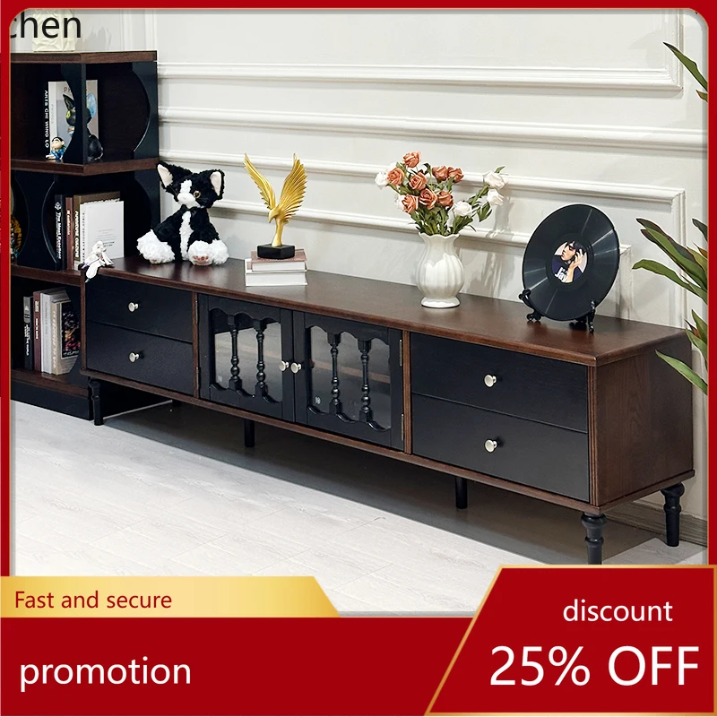 

HT pure solid wood TV cabinet black American small apartment living room floor cabinet medium antique furniture