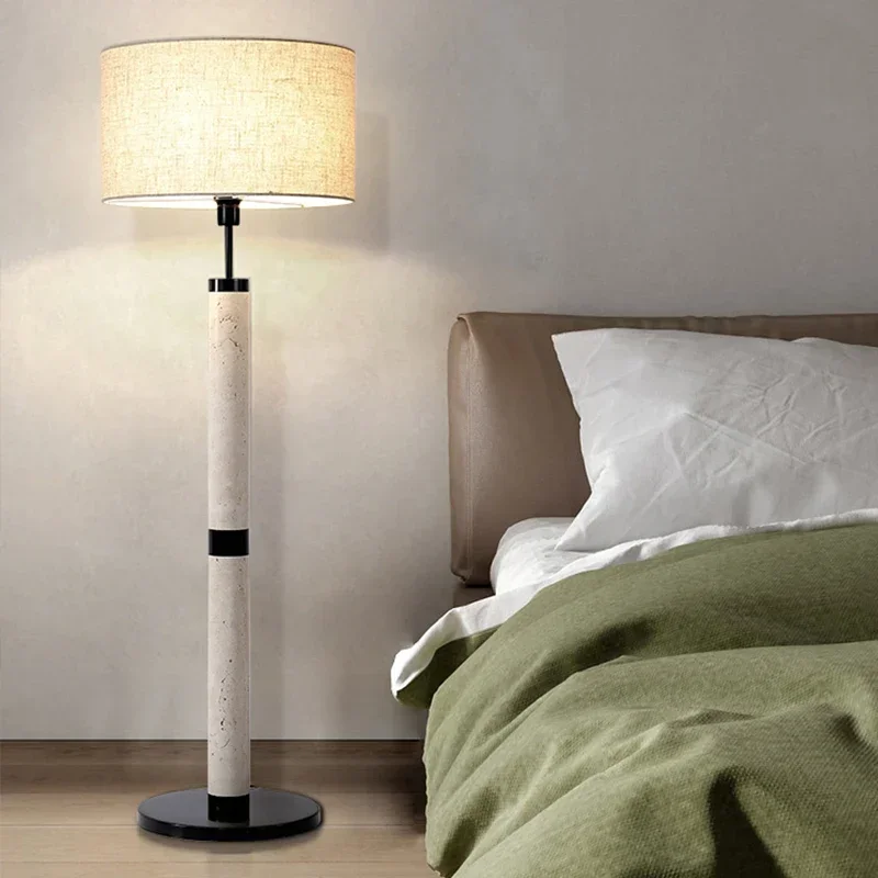 Modern High-end LED Fabric Lampshade Floor Lamp Yellow Travertine Restaurant Living Room Luxury Floor Light