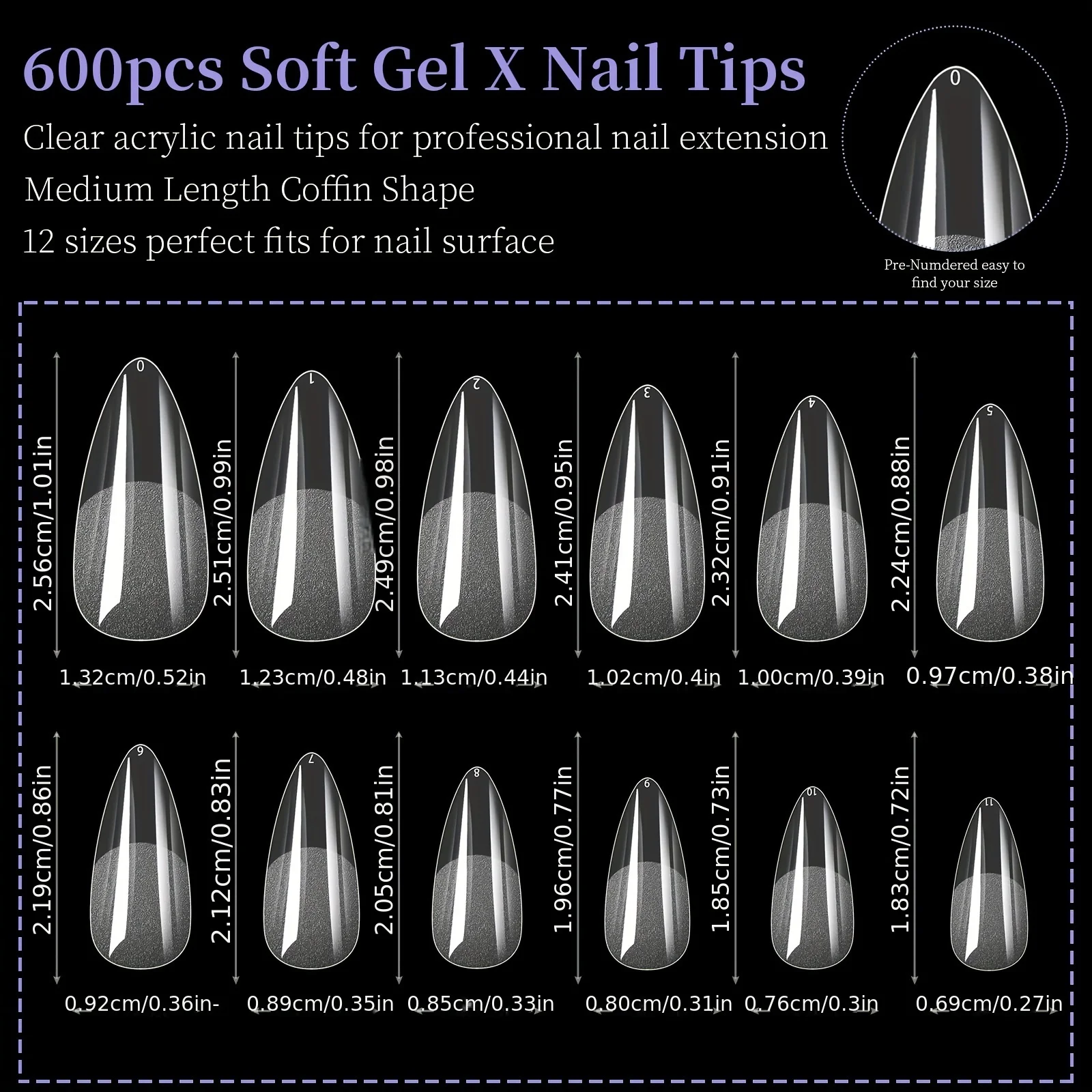 Medium 420- 600pcs Almond Nail Tips, Almond X Gel Nail Tips Clear Fake Nails Full Cover Acrylic Nails Tips for Extension Nail