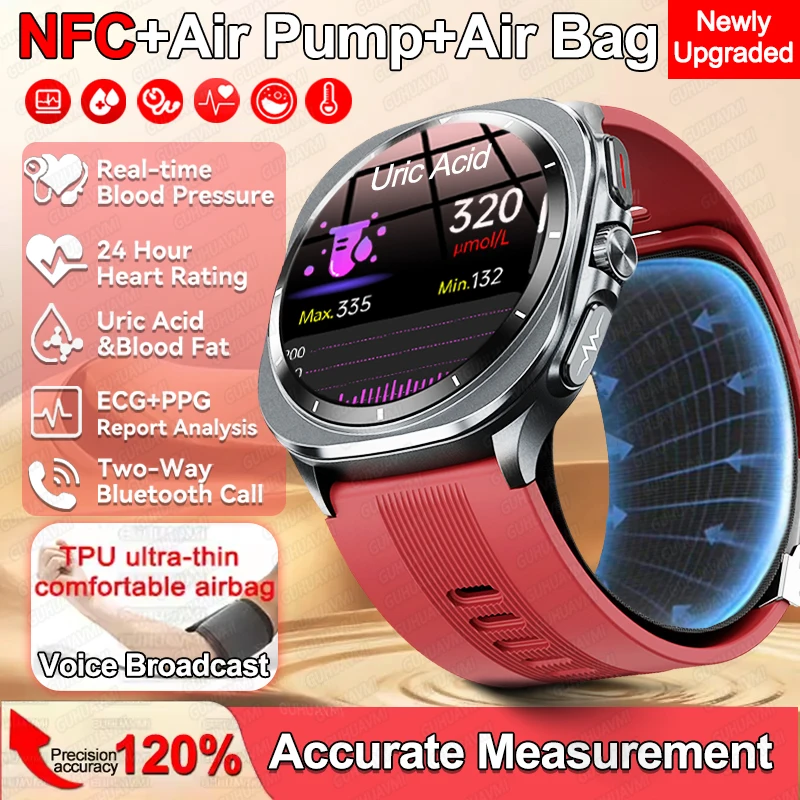 Новый воздушный насос Airbag SmartWatch Мочевая кислота Липиды в крови ЭКГ Сердечный ритм Артериальное давление Трансляция NFC Здоровье Смарт-часы для мужчин