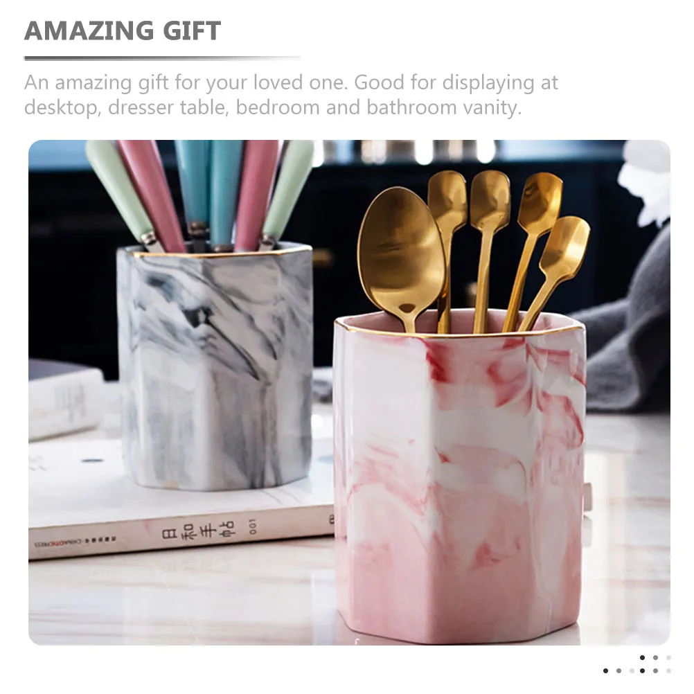 

Ceramic Pen Cup Makeup Brush Holder Marble Pattern Organizer for Women Girls Stationery Desktop Brush Holder