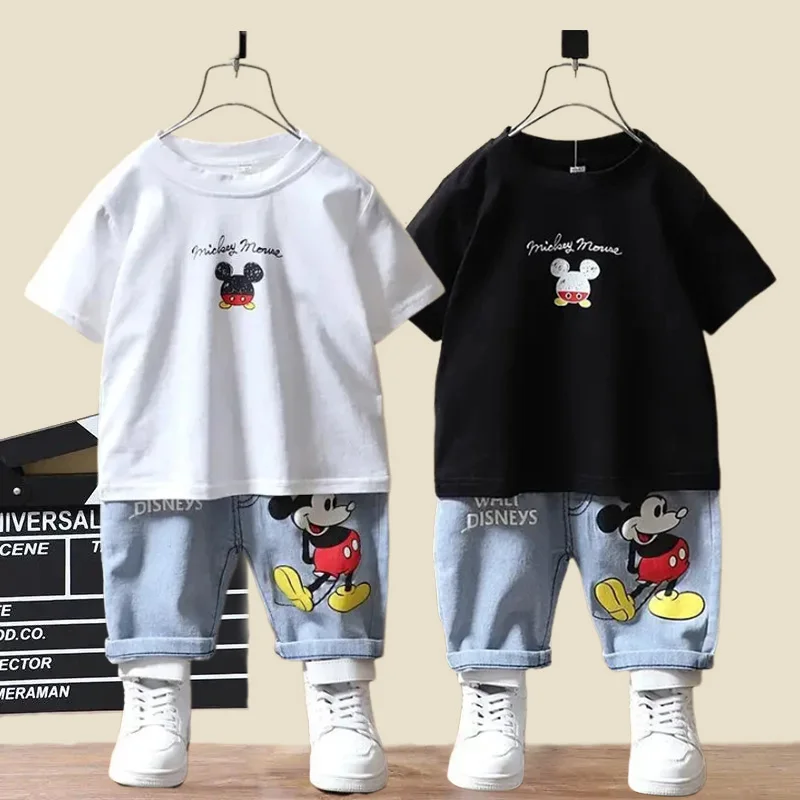 2024 Summer New Baby Boys Mickey Mouse Short Sleeve Clothes Sets Kids T-shirt+Jeans 2PCE Tracksuits Children Clothing Outfits