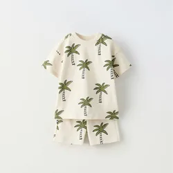 Short Sleeve Outfit Full Print Tshirt+Shorts Baby Casual Round Neck Tops Shorts Two Piece Toddler Boys New Style Tees Tracksuits