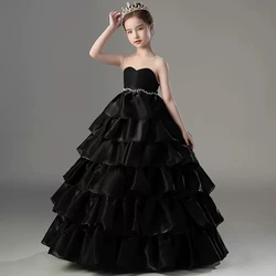 Little Girls Formal Party Ball Gown Solid Color Black Teen Girls Elegant Evening Pageant Floor Length Dresses Sexy Sleeveless