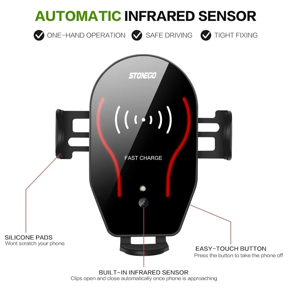 STONEGO Air Vent Car Charger Holder - 10W/7.5W/5W Qi Fast Charging & Touch Control for Secure Phone Mounting