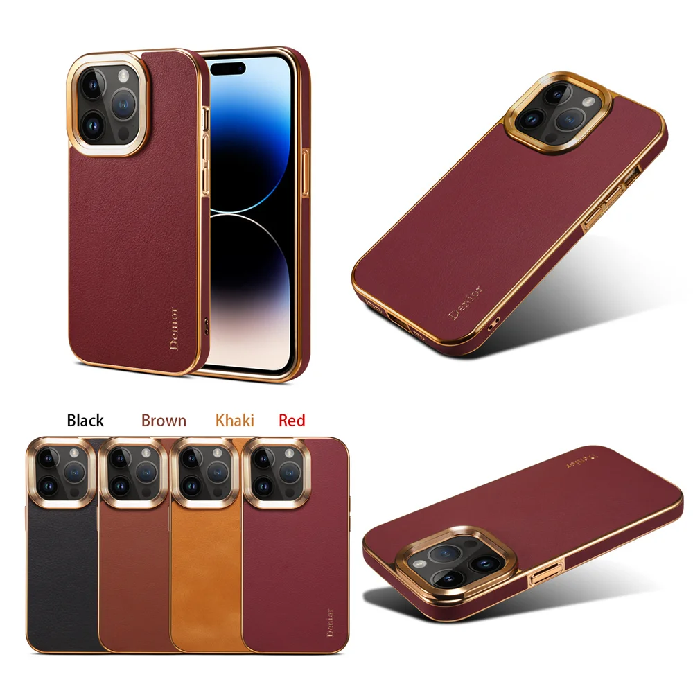 Capa de couro genuíno chapeamento luxuoso, tampa do telefone à prova de choque, defensor robusto, iPhone 15 Pro Max 12 13 Pro 14 Plus