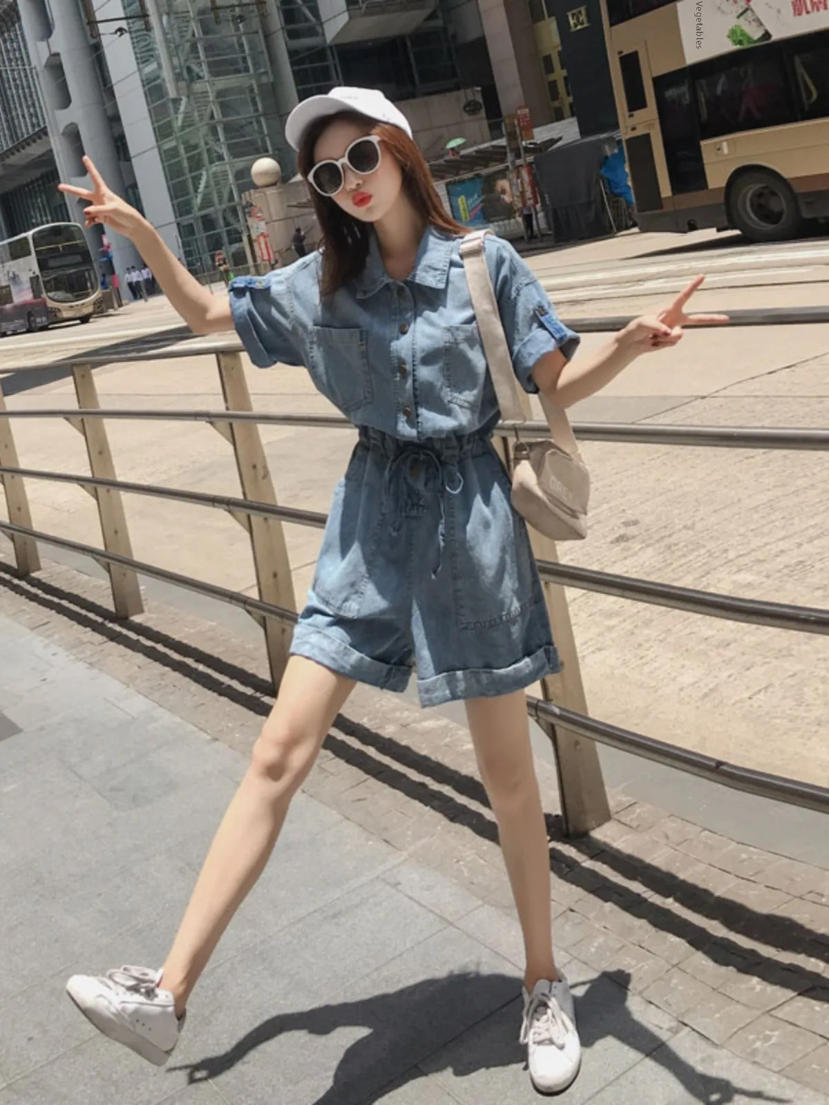 Taille haute jambe large Denim combinaison femmes été minceur costume ort pantalon tenue globale pantalons décontractés taille haute orts