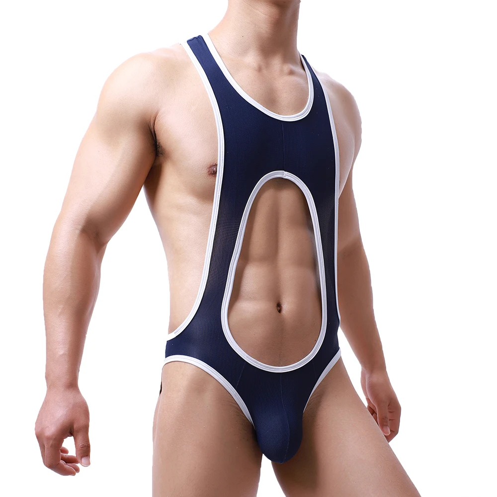 Lingerie Undershirts Men Bodysuits Leotard Jock Strap Mesh Erotic Open Butt Jumpsuits Wrestling Singlet Underwear Rompers 2XL