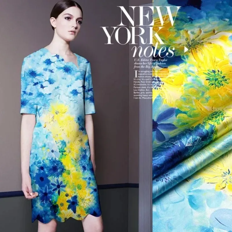 

118*110 см, 19 мм, 93% шелк и 7% спандекс, желтая, синяя, с цветочным принтом, шелковая атласная ткань для шитья платья, рубашки, одежды R1657