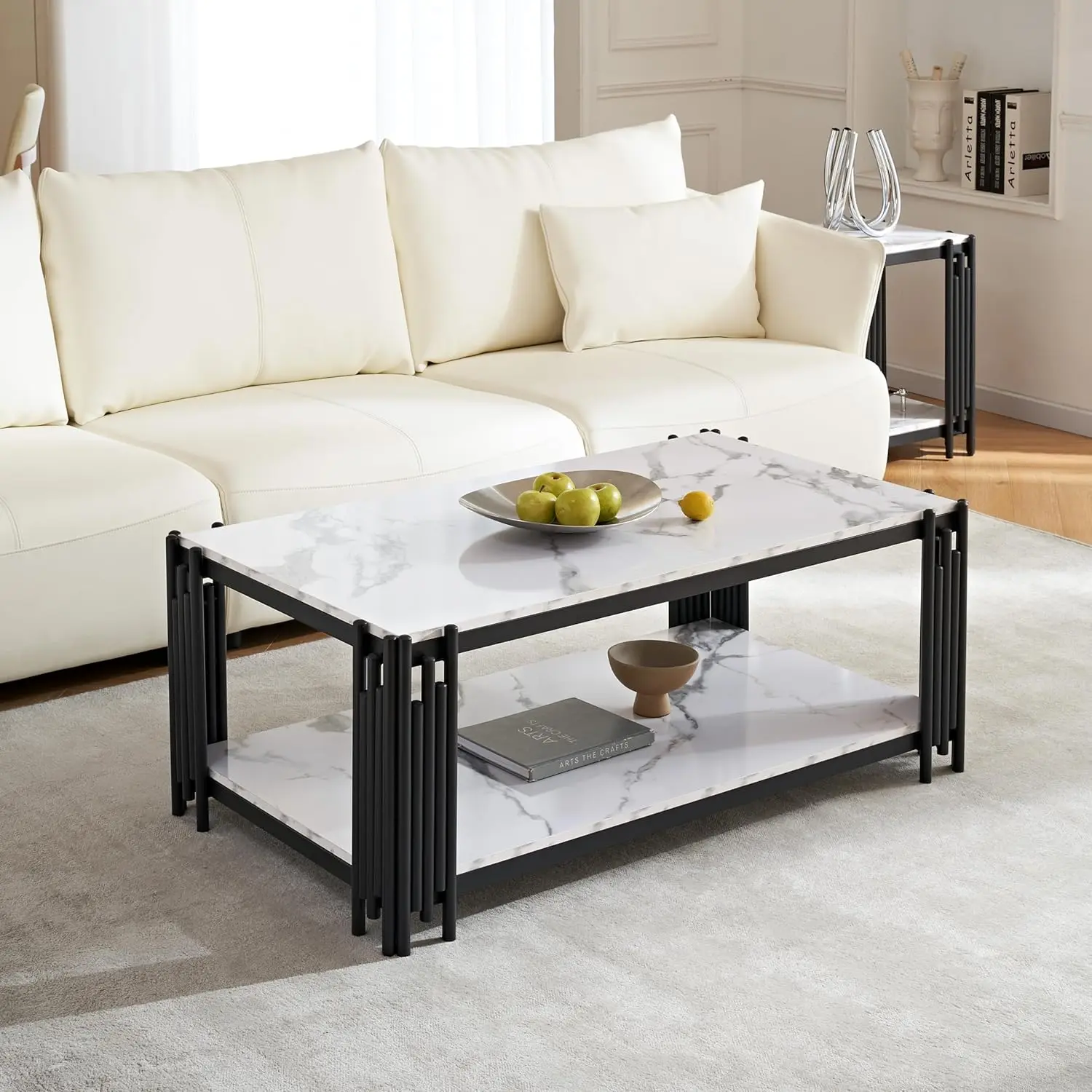 44.8" Modern 2-Tier Faux Marble Coffee Table - White Rectangular Center Table with Black Metal Frame,