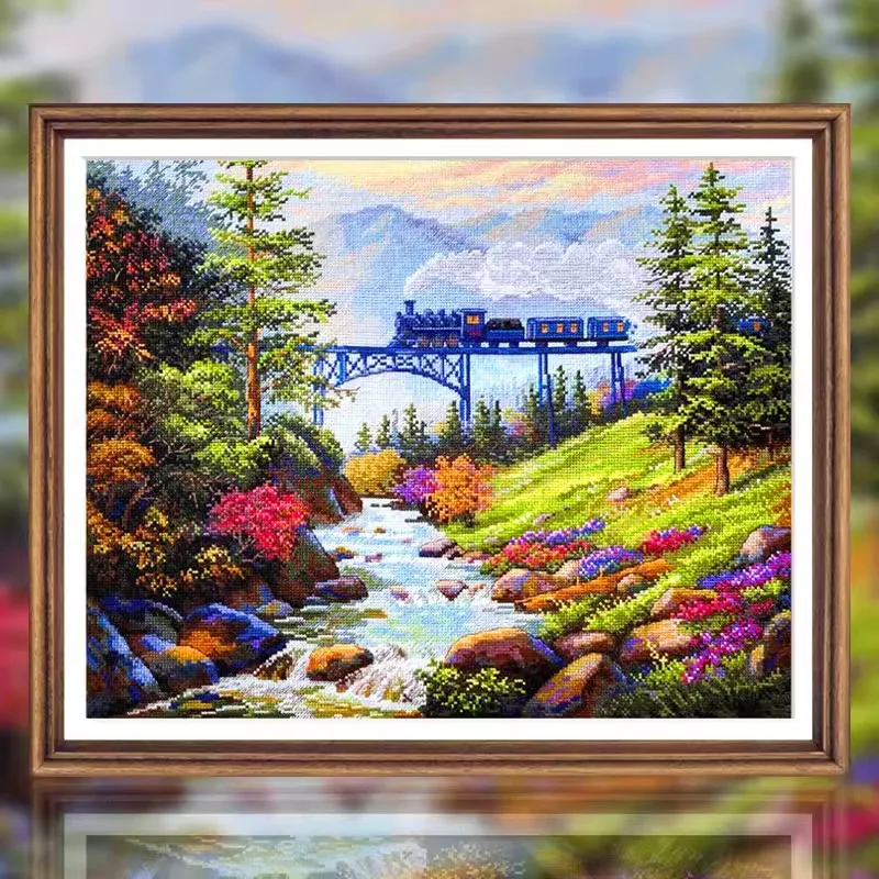 11CT 14CT Forest Train Scenery Embroidery DIY Chinese Style Printed Kits Cross Stitch Thread Needlework Sets Home Decor Crafts