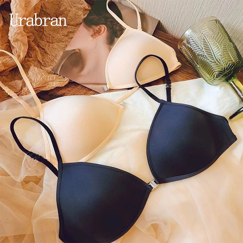 UBAU Hanging Neck Triangle Cup Underwear Female Thin Shoulder Strap Beautiful Back Invisible Front Button Bra Thin Small Chest