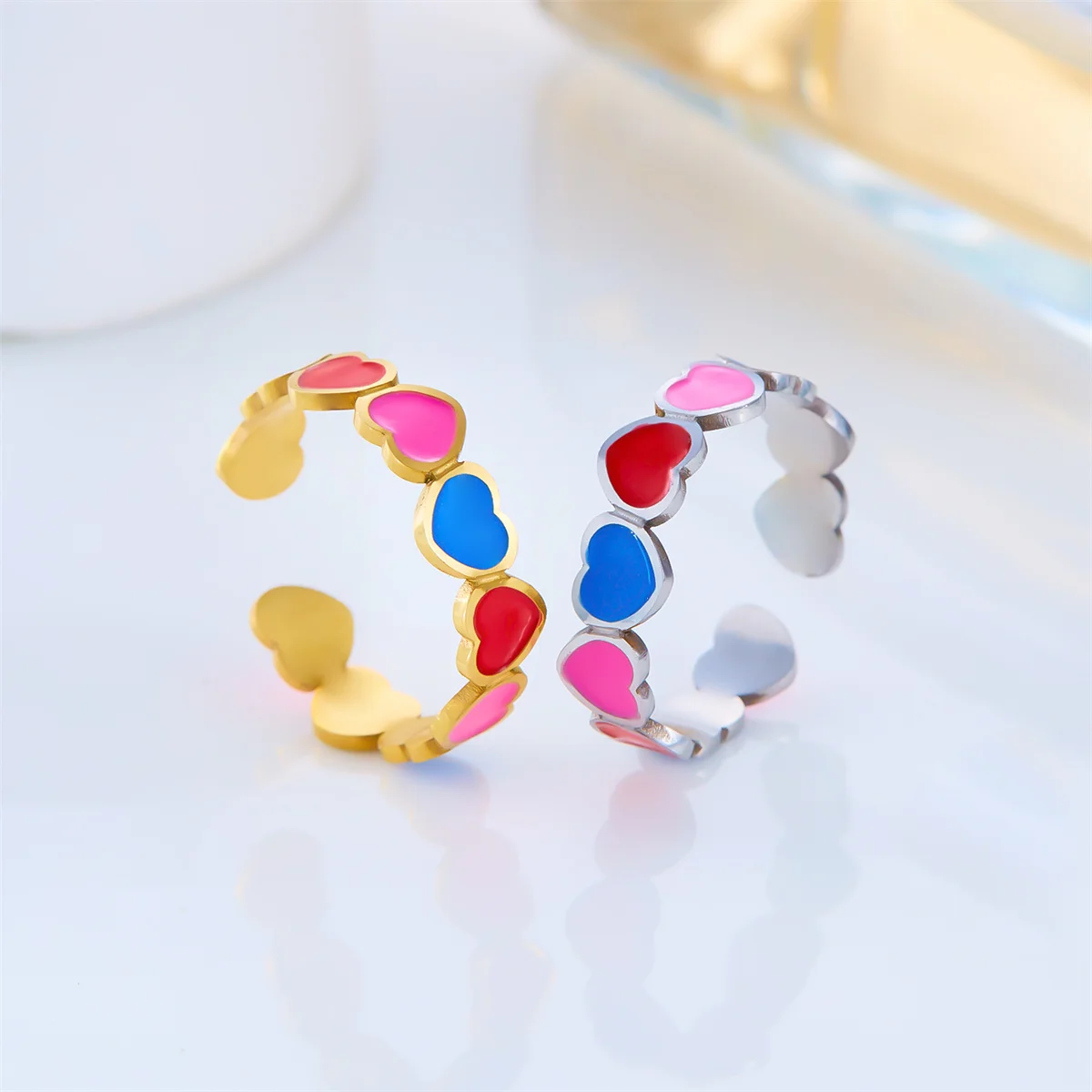 Exquisite Stainless Steel Colorful Enamel Flower Opening Rings For Women Men Fashion Vintage Butterfly Heart Finger Ring Jewelry