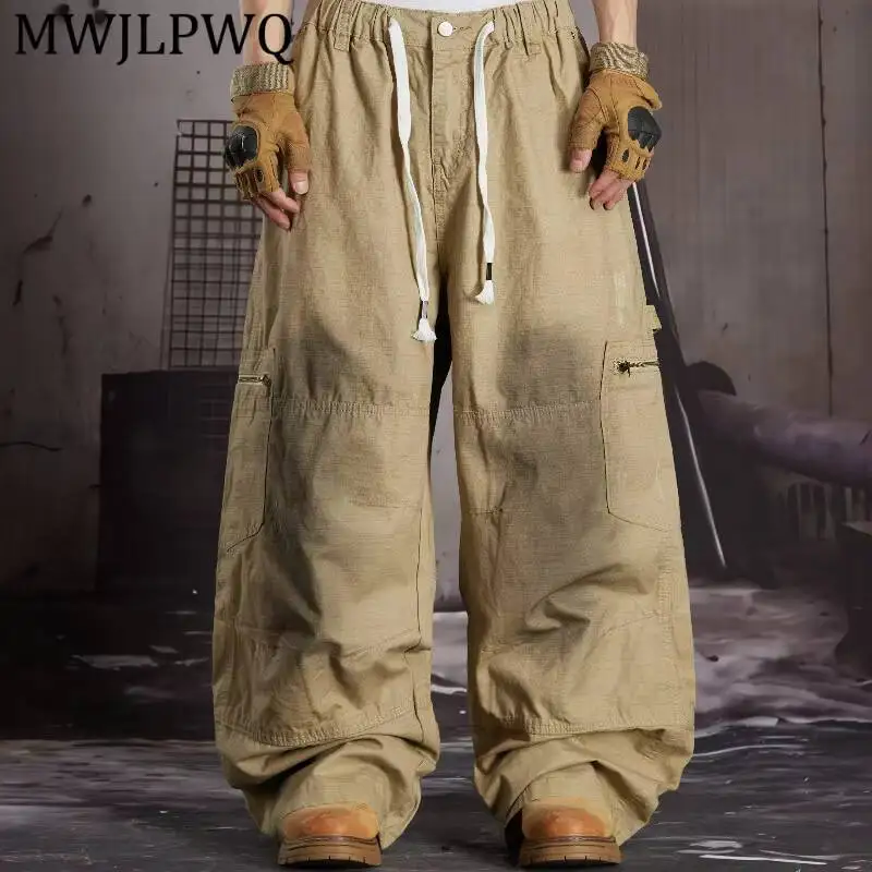 MWJLPWQ Wide Leg Cargo Pant Double Drawstring Elastic Waist Side Zip Pocket Men Tactical Outdoor Street Casual Bottom 16952