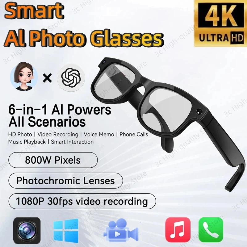 

800W Smart AI glasses camera Bluetooth video recording calling AI translation music control ChatGPT Long Battery Life Glasses