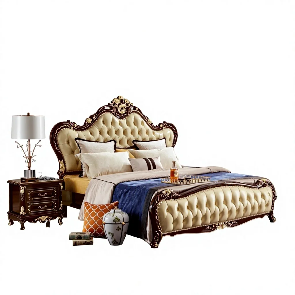 #Luxury Royal French Classic Beech Wood Gold Leaf Italy Fabric Full Bed Antique European Queen/King Bedroom Furniture Set for