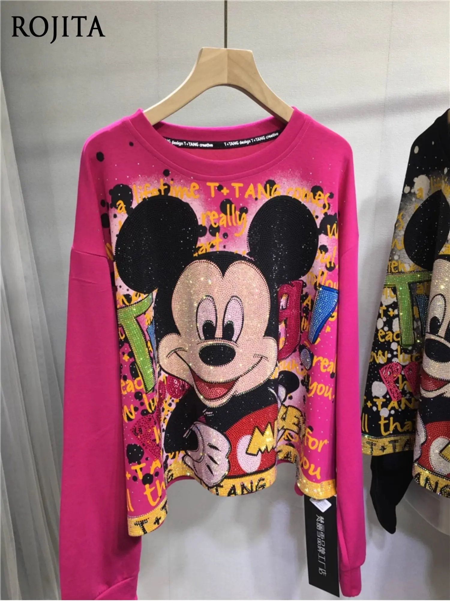 

Rose Red Heavy Industry Rhinestone Sweatshirt for Women Cute Cartoon Loose Fit Versatile Long Sleeve Top for Spring Autumn