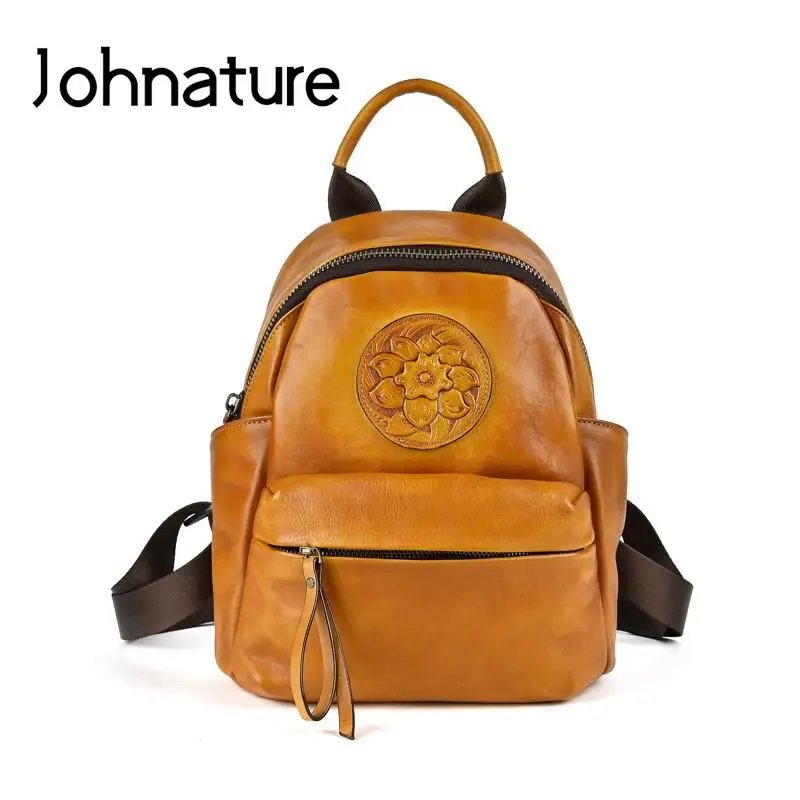 Johnature Ransel Wanita Kulit Asli Retro Tas Timbul Gambar Tangan Ransel Perjalanan Kapasitas Besar Kulit Sapi Asli Lembut