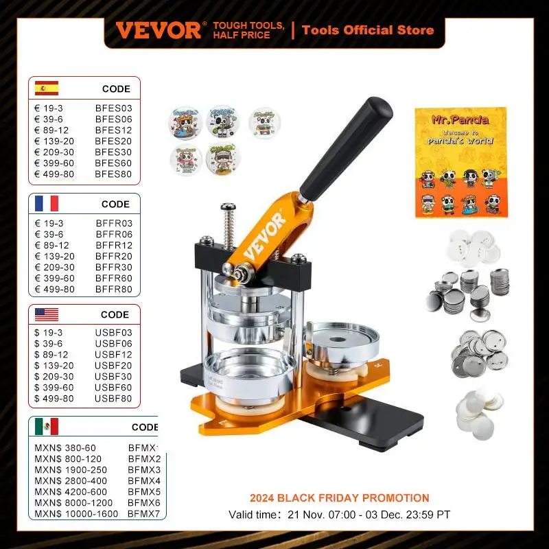 VEVOR 75mm Button Maker Machine Badge Punch Press Button Making Supplies with 100pcs Button Parts & Circle Cutter & Magic Book