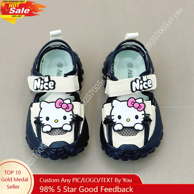 

Hello Kitty Cat Baotou Mesh Fabric Sandals Girls' Summer Sandals Cute Summer Girls Shiny Soft Sole Shoes Outdoor Fashionable