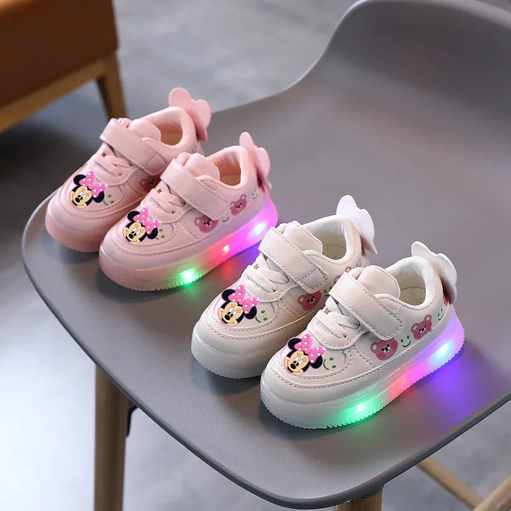 Disney Mickey Mouse Spring Autumn and Winter Children\'s Lighting Casual Shoes pu Girls and Boys LED Sneakers Board shoes