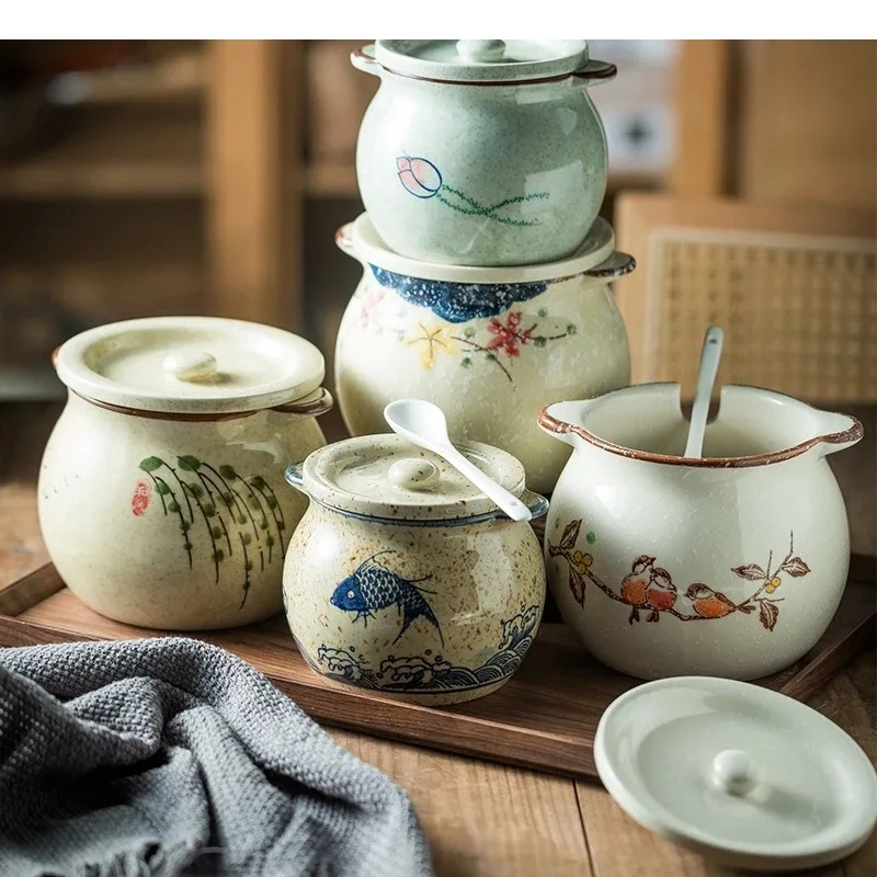 Tarro de Almacenamiento de Cerámica Retro, Salero y Pimentero de Cocina, Caja de Condimento, Especias, Estilo Japonés para el Hogar