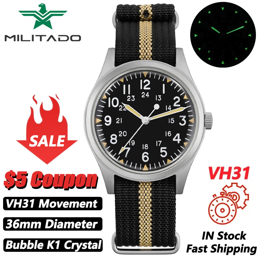 Militado ML07 ساعة عسكرية VH31 حركة كوارتز فقاعة K1 كريستال مع طلاء AR عالي الوضوح مضيئة 36 مللي متر ساعات عتيقة