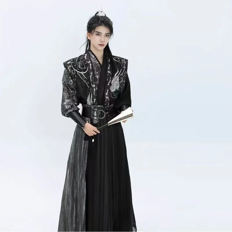 الظلام الأسود التنين التطريز Hanfu الرجال سلالة تانغ عبر طوق Beizi تنورة خمر الصينية فنون الدفاع عن النفس الملابس تأثيري الذكور #3