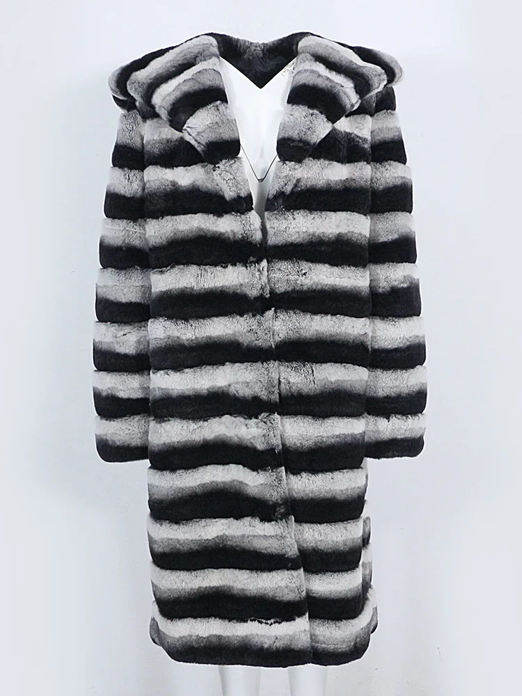 MENINA BONITA 2022 Witner Jacket Women Real Fur Coat Natural Rex Rabbit Fur Hood Outerwear Striped Thick Stand Collar Streetwear